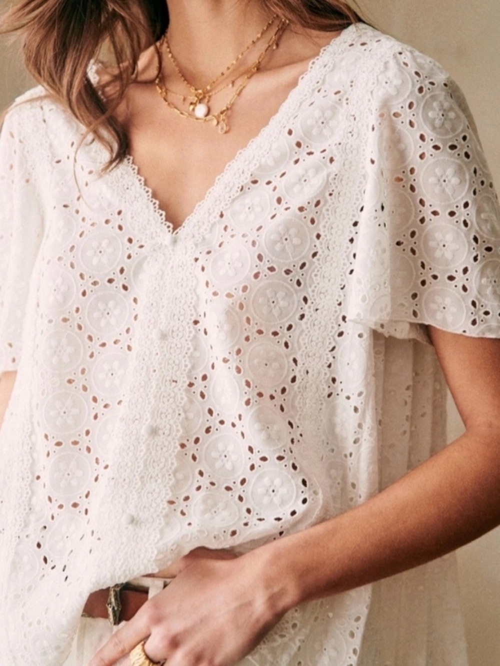 Sezane Patty Blouse White Eyelet Embroidered Lace Size 36 medium